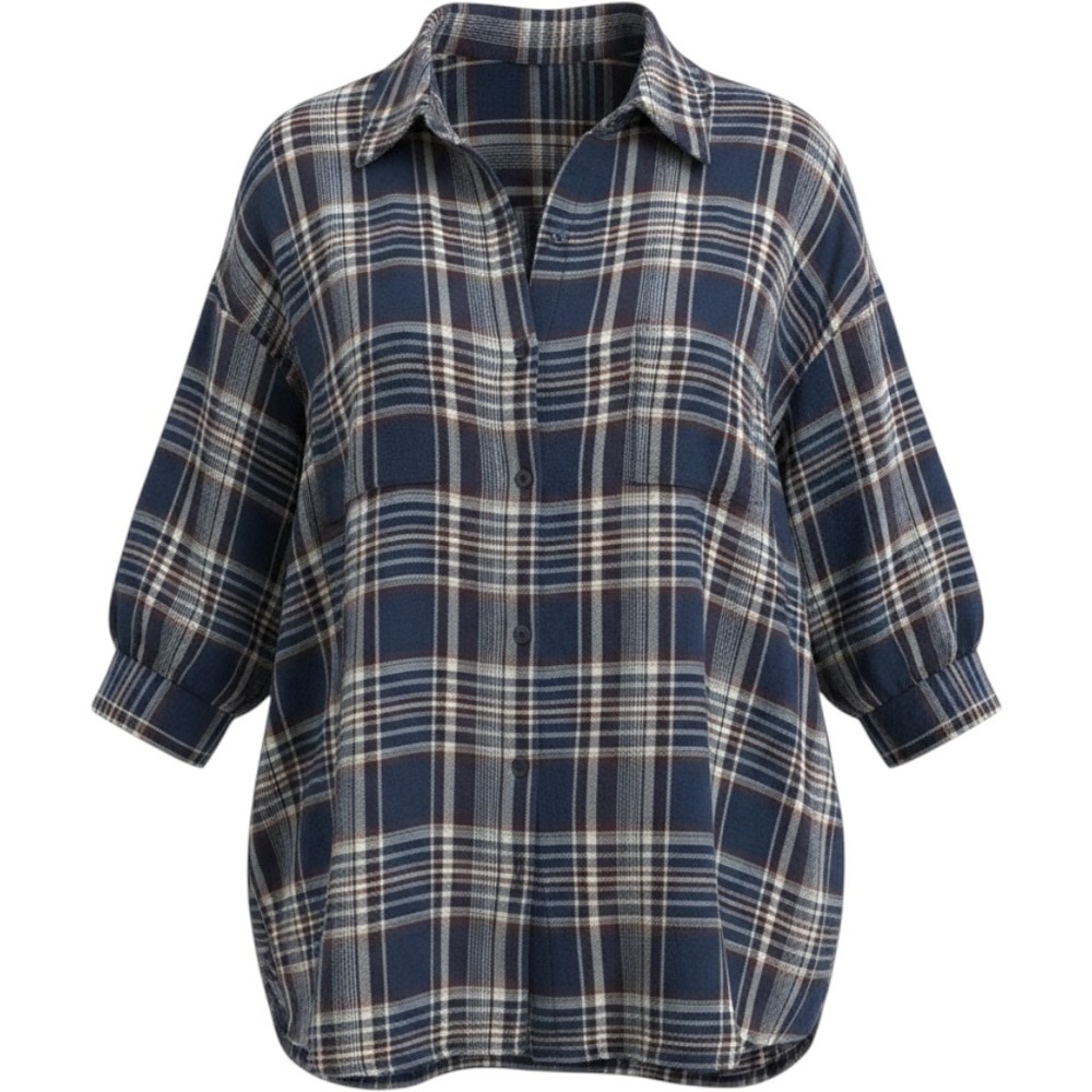 Max Studio Women Navy Blue Plaid Rayon Button Down Shirt Medium 1707J31